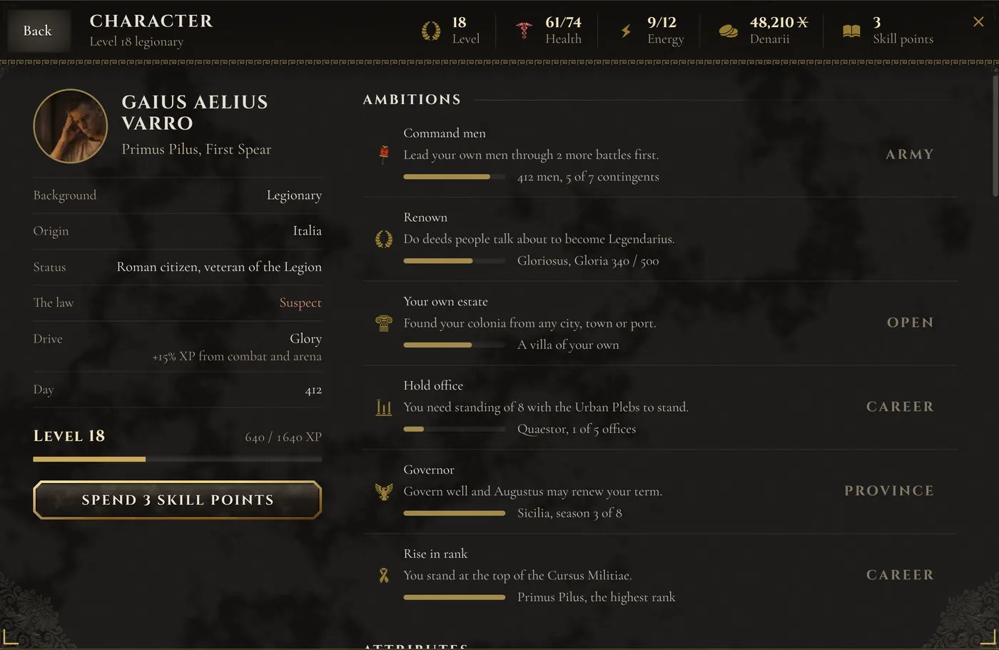 The character sheet of a Primus Pilus at level 18, with his ambitions: command men, renown, an estate, office, a province and rank