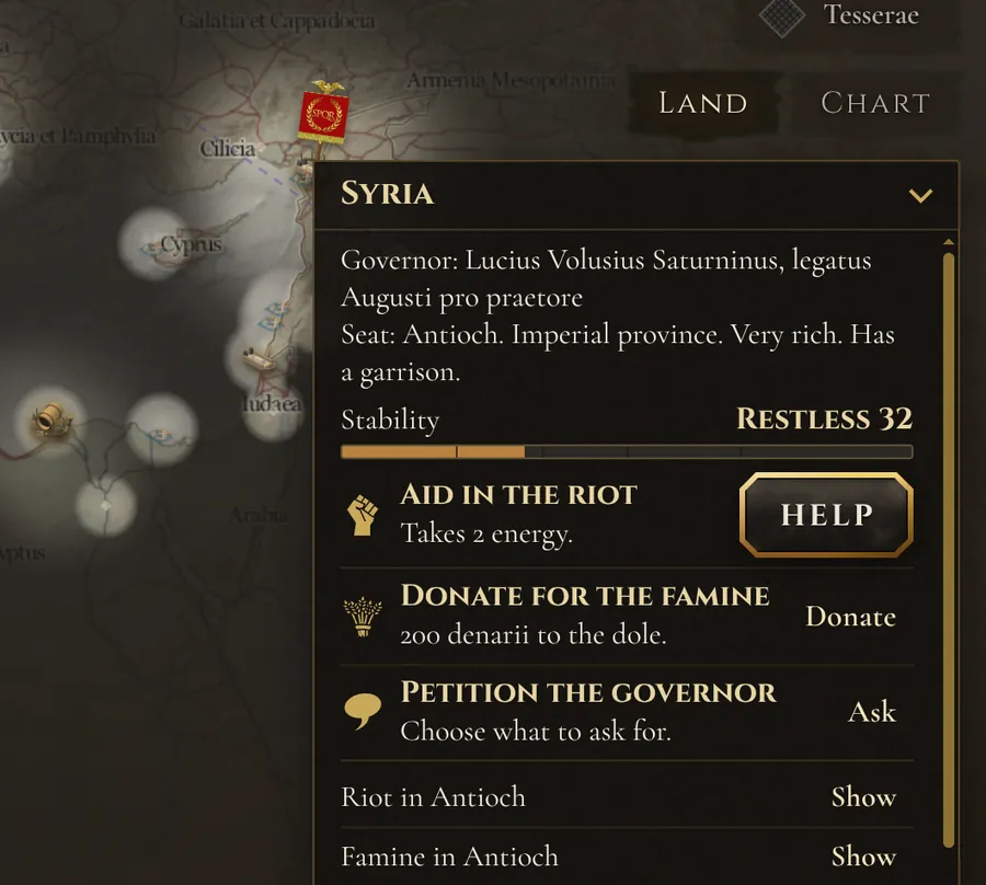 The Syria panel on the Empire map: stability at Restless 32, with aid in the riot and a donation for the famine